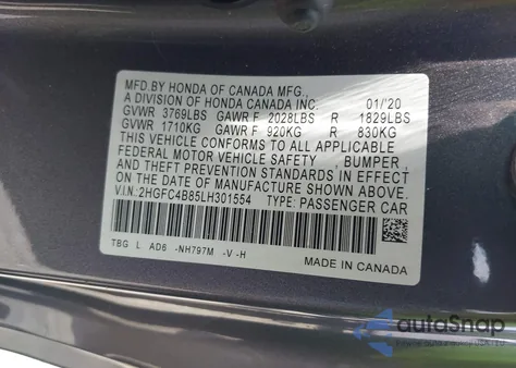 2020 Honda Civic Sport from USA, damaged, VIN 2HGFC4B85LH301554